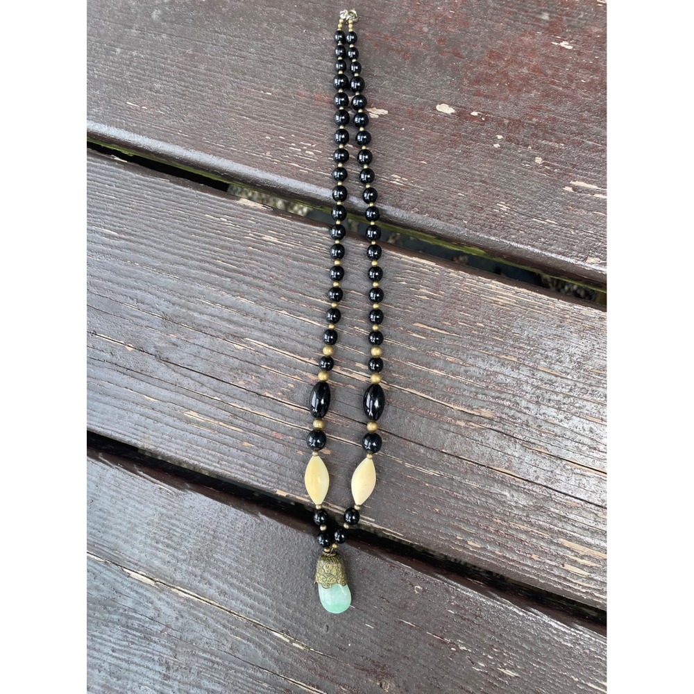 Vintage Beaded Necklace Black Cream Brass Filigree Green Stone Pendant 22 Inch